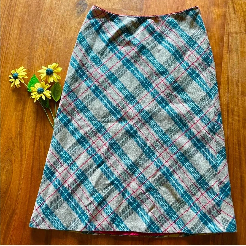 Brown “Burberry” style plaid, midi skirt.